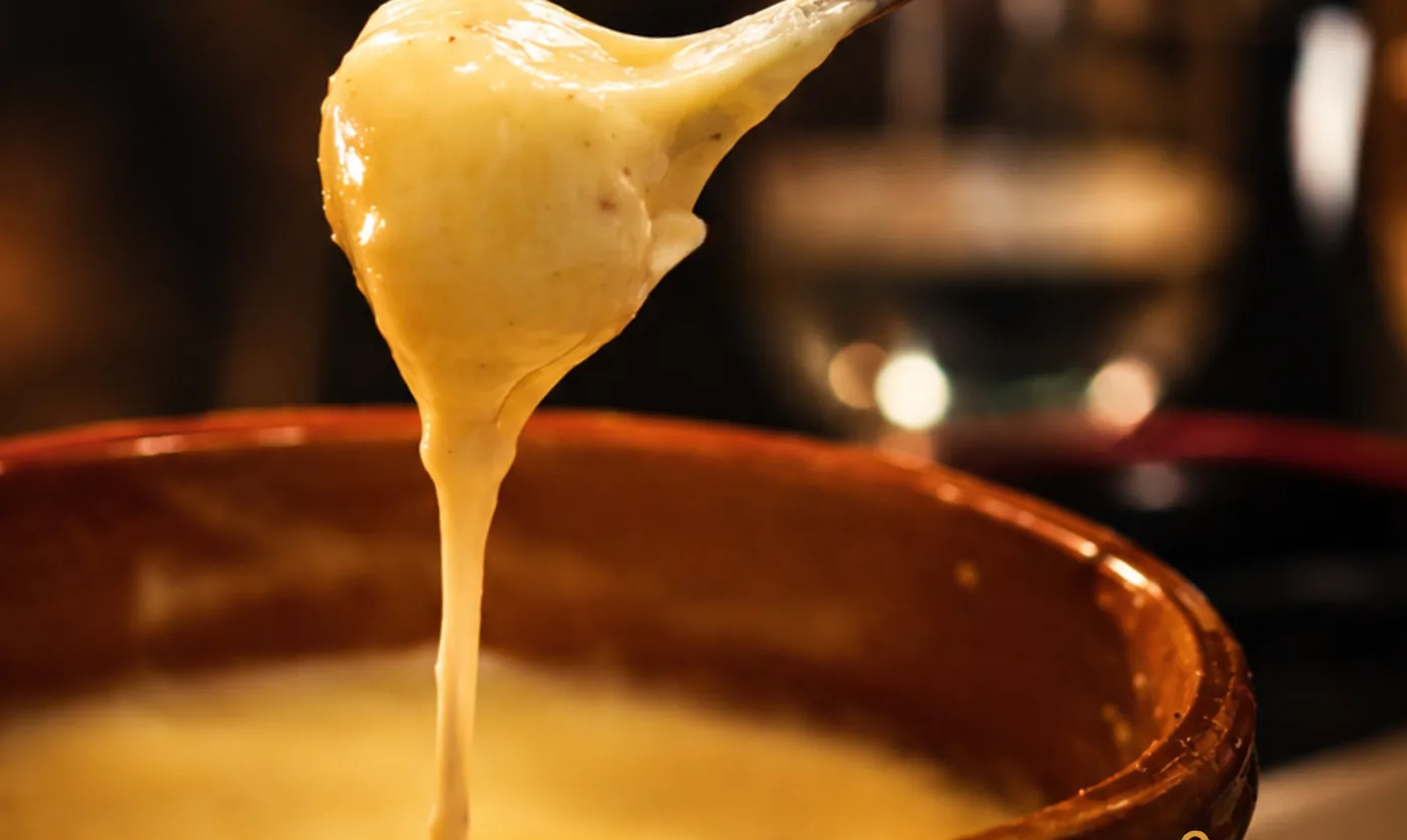Pão mergulhado no fondue de queijo